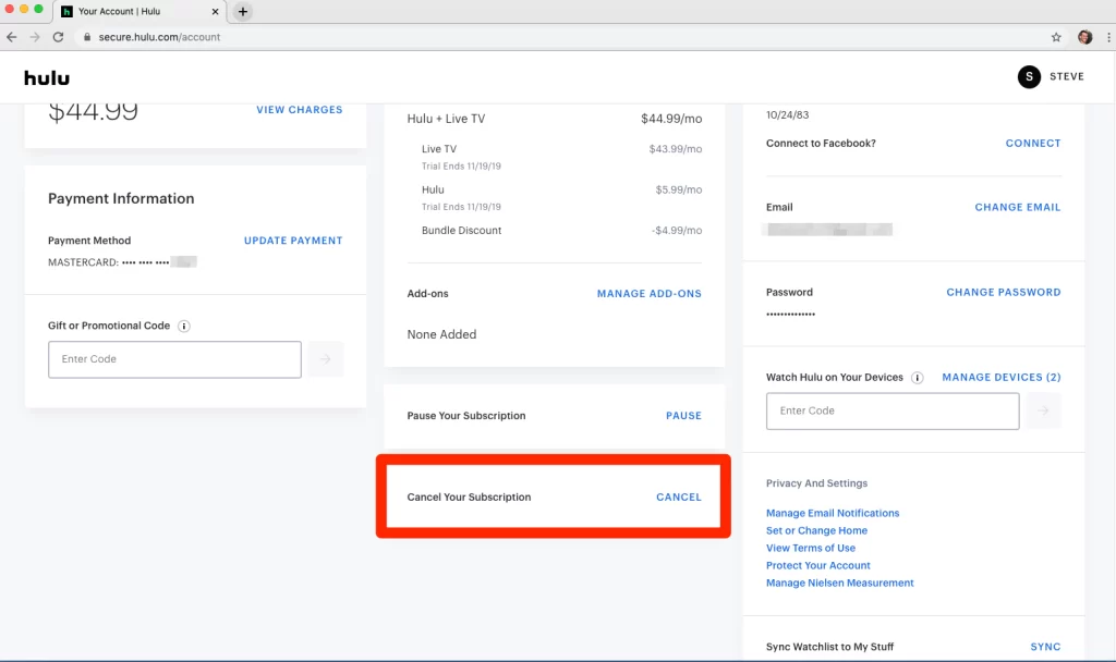 Canceling Hulu subscription